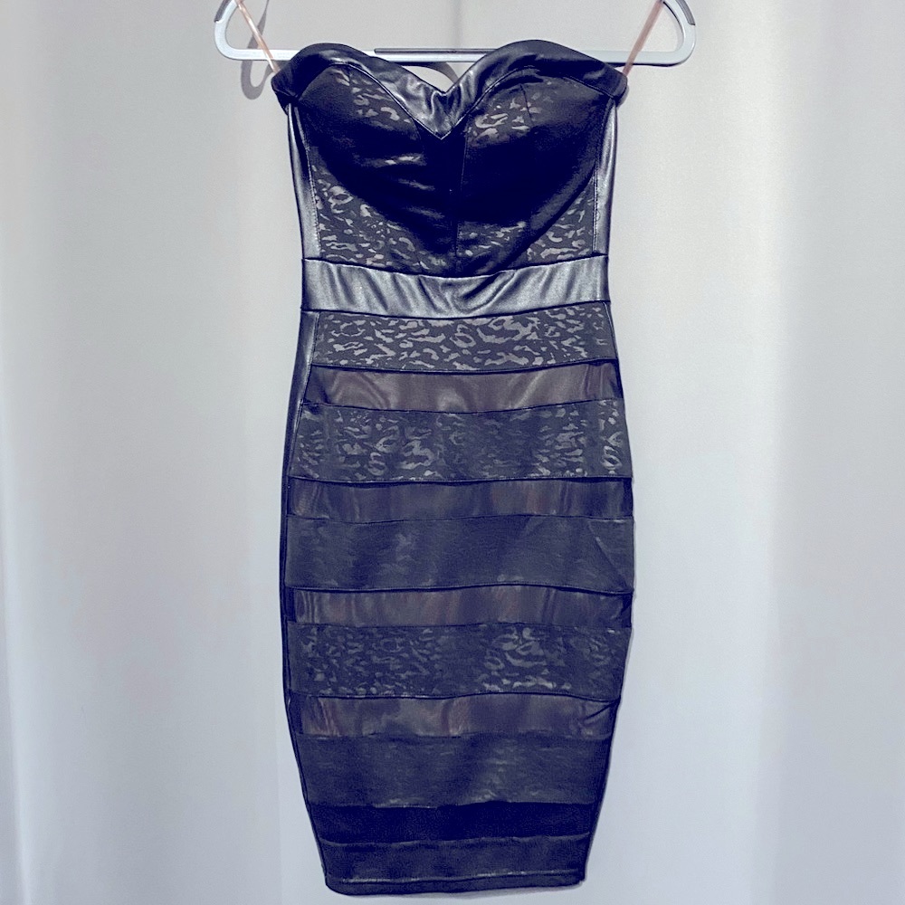 Strapless PU leather & lace black strapless dress